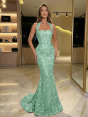 Gold Sequin Halter Mermaid Prom Dress with Ruched Waist