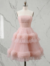 Blush Pink Strapless Tiered Ruffle Tulle Midi Dress Evening Party Gown