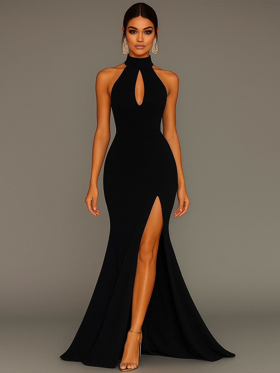 Mermaid Halter Neck Satin Formal Dress with Slit