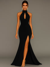 Mermaid Halter Neck Satin Formal Dress with Slit