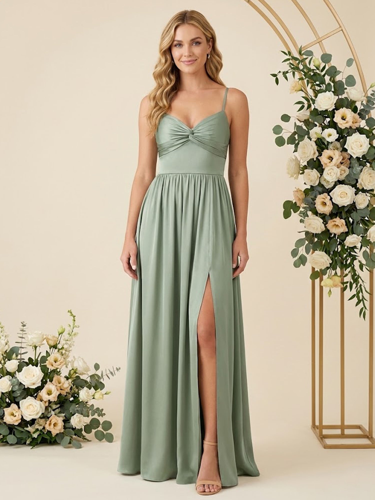 Spaghetti Straps A Line Chiffon Long Bridesmaid Dresses with Slit