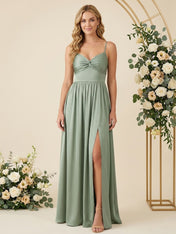 Spaghetti Straps A Line Chiffon Long Bridesmaid Dresses with Slit