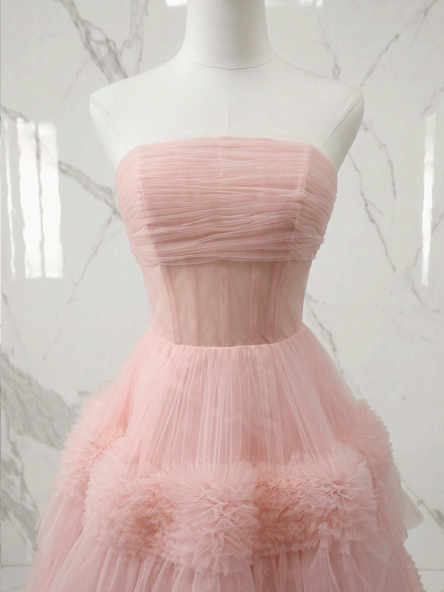 Blush Pink Strapless Tiered Ruffle Tulle Midi Dress Evening Party Gown