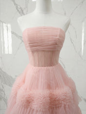 Blush Pink Strapless Tiered Ruffle Tulle Midi Dress Evening Party Gown