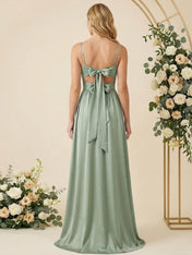 Spaghetti Straps A Line Chiffon Long Bridesmaid Dresses with Slit