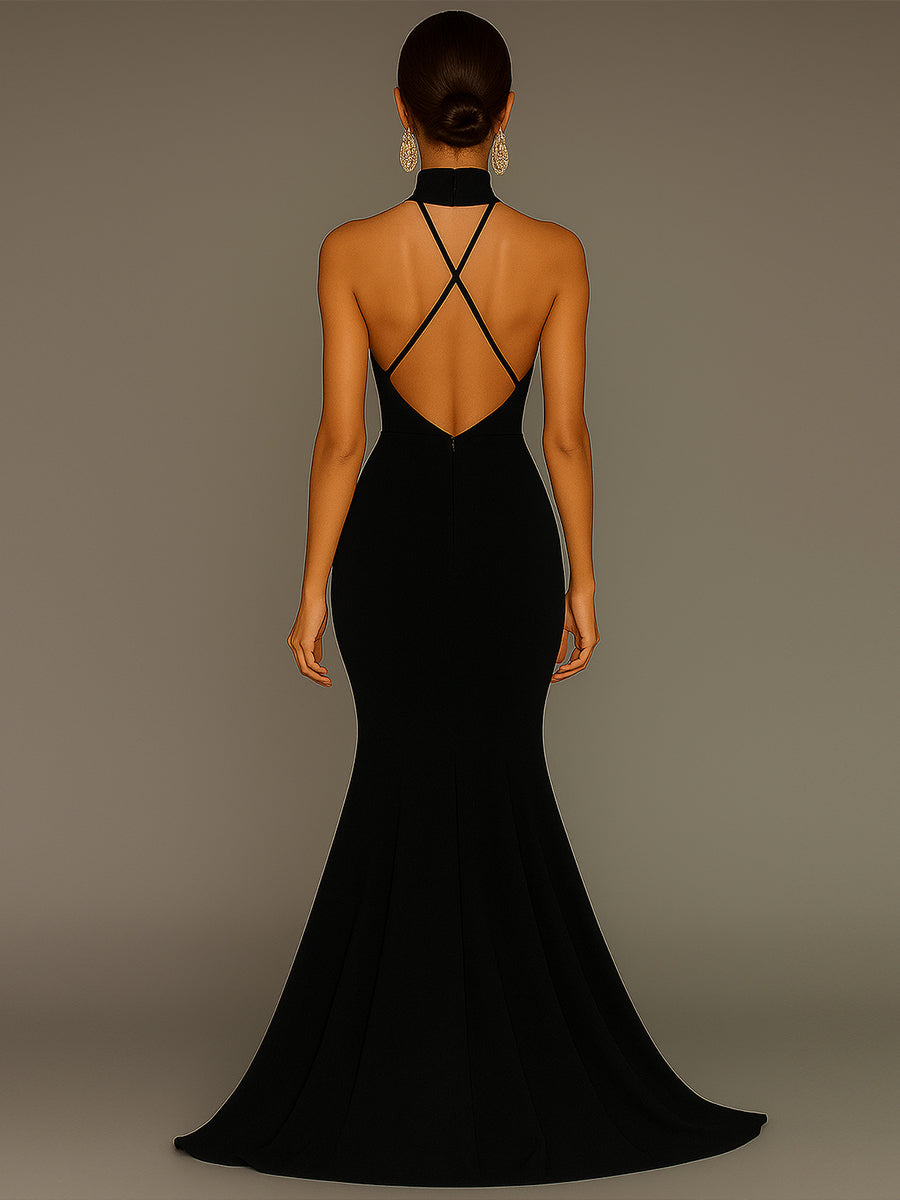 Mermaid Halter Neck Satin Formal Dress with Slit