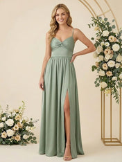 Spaghetti Straps A Line Chiffon Long Bridesmaid Dresses with Slit