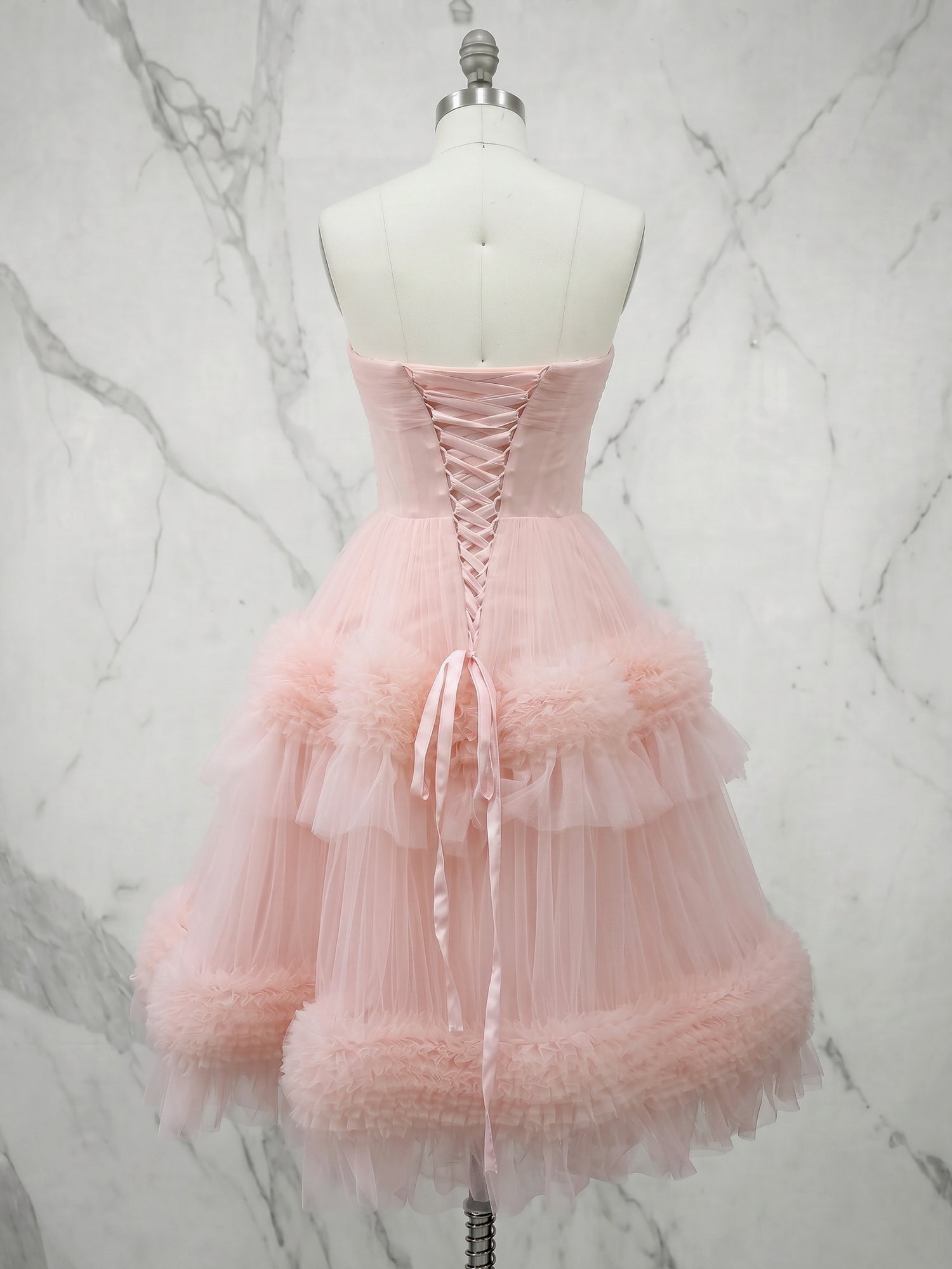 Blush Pink Strapless Tiered Ruffle Tulle Midi Dress Evening Party Gown
