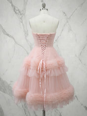 Blush Pink Strapless Tiered Ruffle Tulle Midi Dress Evening Party Gown