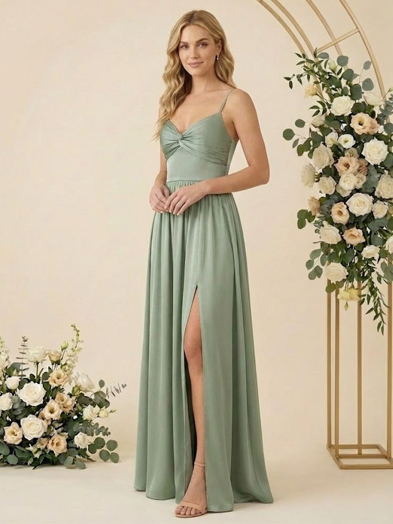 Spaghetti Straps A Line Chiffon Long Bridesmaid Dresses with Slit