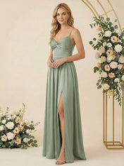 Spaghetti Straps A Line Chiffon Long Bridesmaid Dresses with Slit