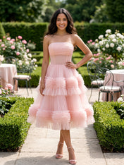 Blush Pink Strapless Tiered Ruffle Tulle Midi Dress Evening Party Gown