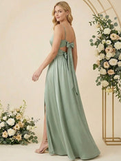 Spaghetti Straps A Line Chiffon Long Bridesmaid Dresses with Slit