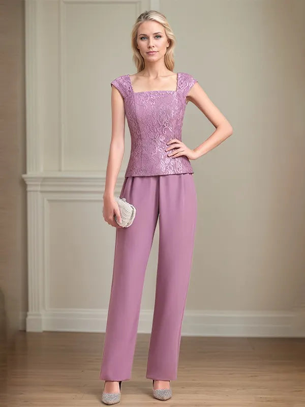 Chiffon Square Neck Sleeveless Floor Length Mother of the Bride Pantsuits