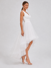 Elegant V-Neck Pleated Tulle High-Low Wedding Dress with Flowing Asymmetrical Skirt