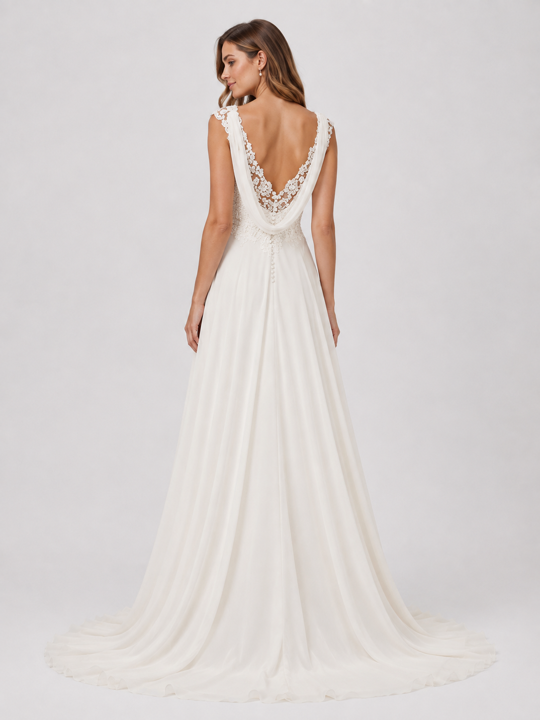 Elegant Lace Bodice Chiffon A-Line Wedding Dress with Cowl Back and Sweep Train