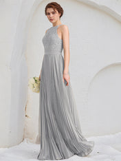 Silver A-Line Scoop Floor-Length Lace Chiffon Dresses With Pleated
