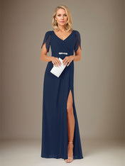 Dark Navy Sheath/Column Chiffon V Neck Short Sleeve Floor Length Dress