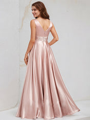 Dusty Rose Satin A Line V Neck Sleeveless Floor Length Bridesmaid Dress