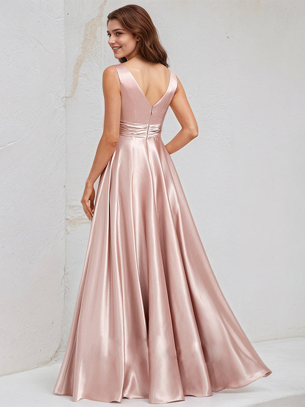 Dusty Rose Satin A Line V Neck Sleeveless Floor Length Bridesmaid Dress