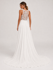 Elegant High-Neck Lace Bodice Chiffon A-Line Wedding Dress with High Slit and Chapel Train