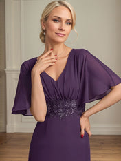 A-Line V-Neck Floor-Length Chiffon Mother of the Bride Dress With Appliques Pleated