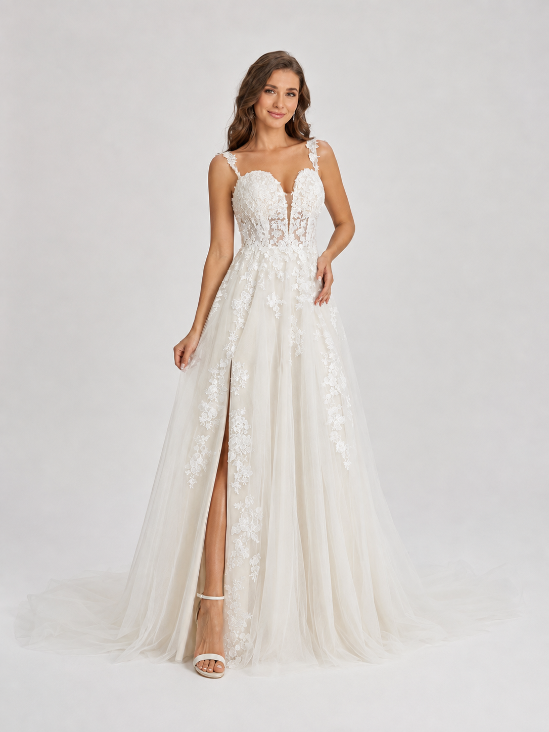 Elegant Sweetheart Lace Applique Tulle A-Line Wedding Dress with High Slit and Chapel Train