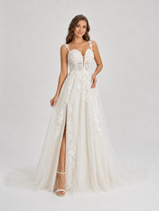 Elegant Sweetheart Lace Applique Tulle A-Line Wedding Dress with High Slit and Chapel Train