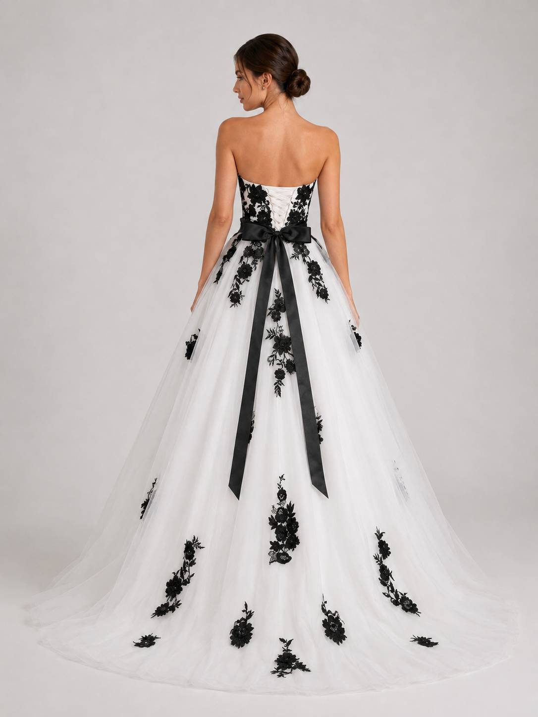 Elegant Floral Lace Applique Strapless A-Line Wedding Dress with Sweep Train