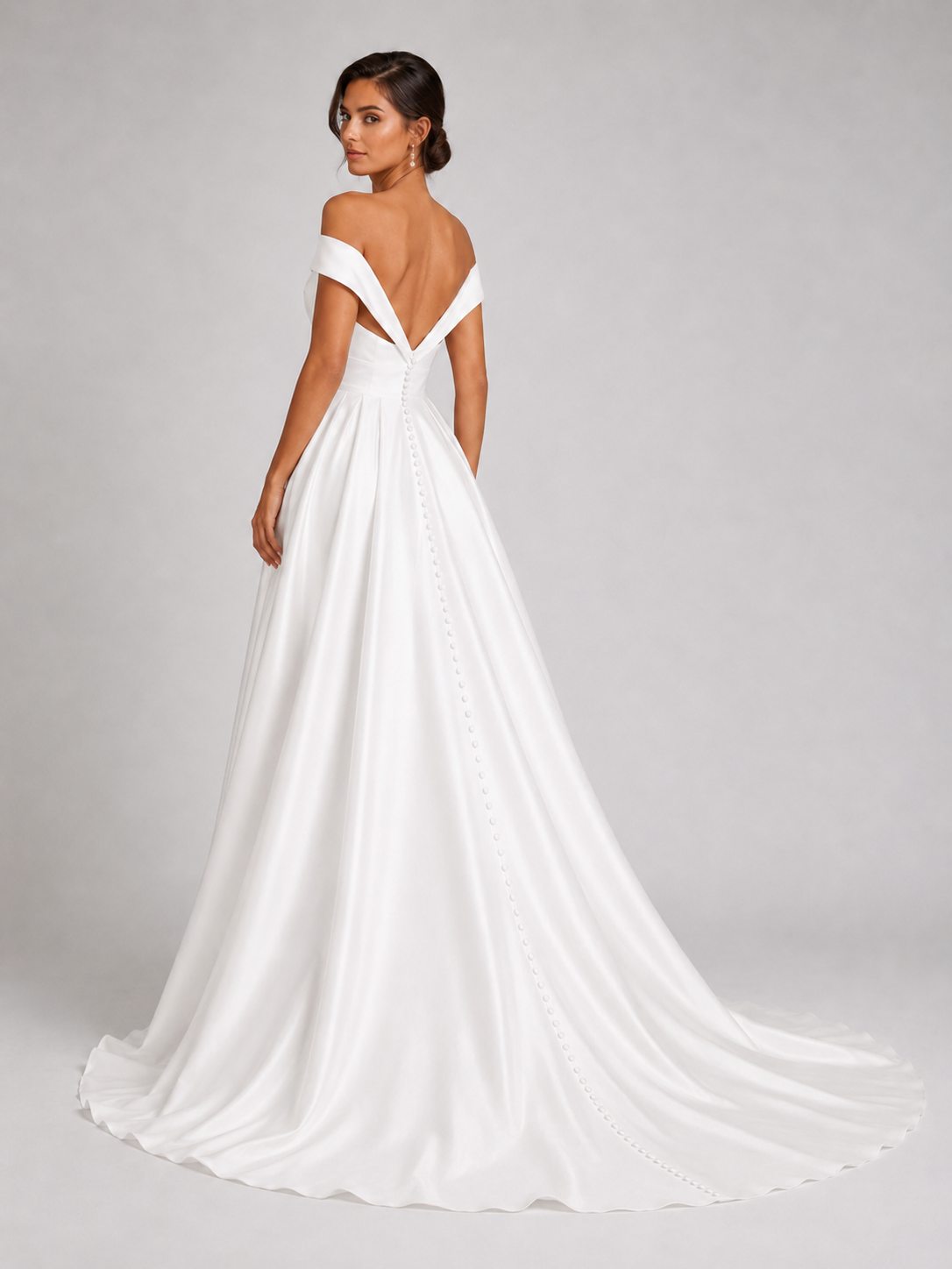 Elegant Off-the-Shoulder Ruched Satin A-Line Wedding Dress with High Slit and Chapel Train