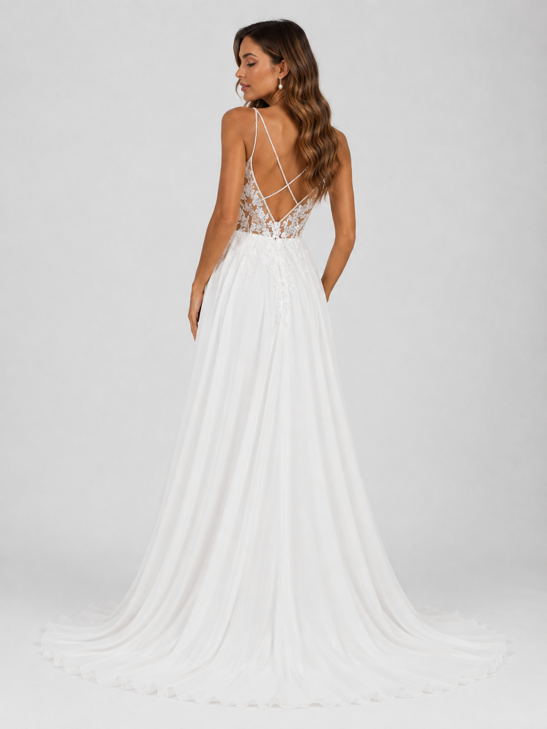 Elegant Illusion Plunging V-Neck Lace Bodice Chiffon A-Line Wedding Dress with High Slit and Chapel Train