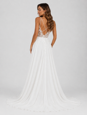 Elegant Illusion Plunging V-Neck Lace Bodice Chiffon A-Line Wedding Dress with High Slit and Chapel Train
