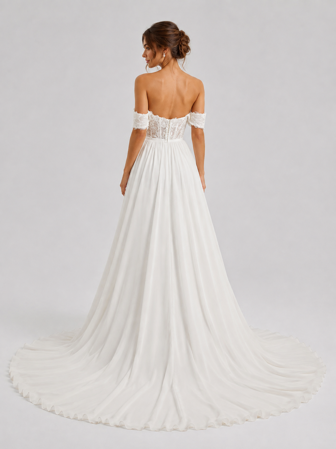 Elegant Off-the-Shoulder Lace Bodice Chiffon A-Line Wedding Dress with Chapel Train