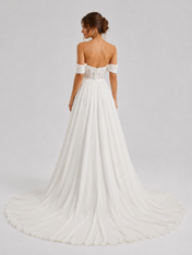 Elegant Off-the-Shoulder Lace Bodice Chiffon A-Line Wedding Dress with Chapel Train