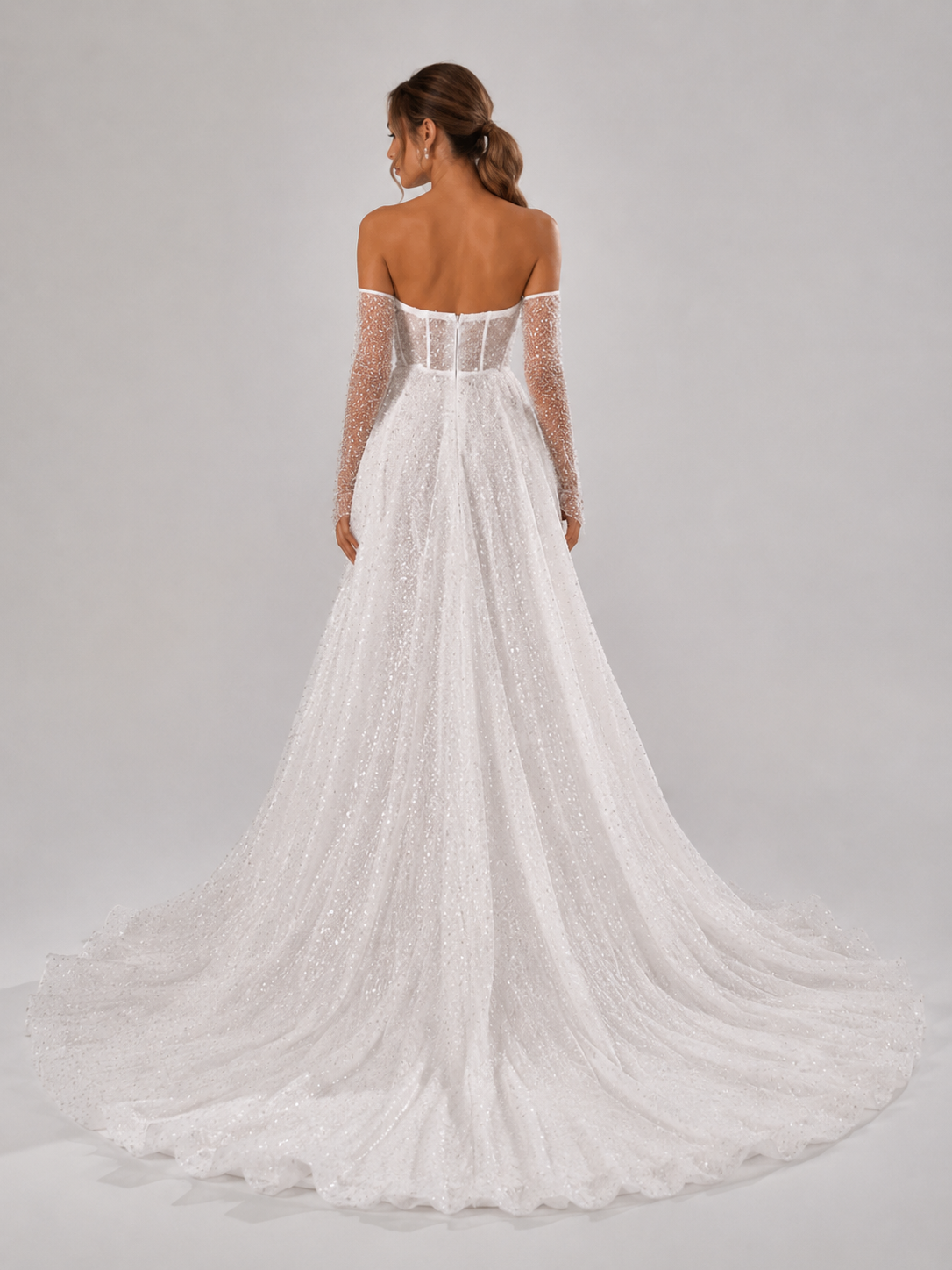 Elegant Off-the-Shoulder Sparkly Tulle A-Line Wedding Dress with High Slit and Chapel Train