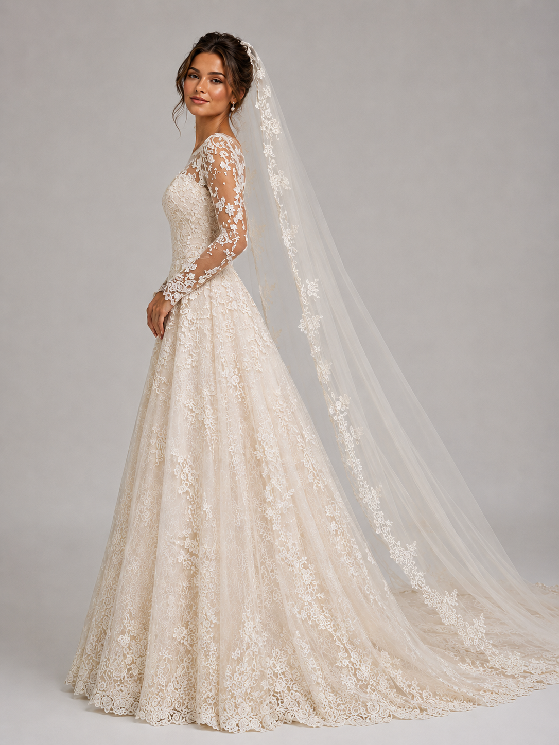 Elegant Illusion Long-Sleeve Lace Applique A-Line Wedding Dress with Chapel Train