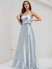 Ice Blue Satin A Line Spaghetti Straps Sleeveless Floor Length Bridesmaid Dress With Bow