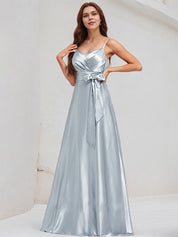 Ice Blue Satin A Line Spaghetti Straps Sleeveless Floor Length Bridesmaid Dress With Bow