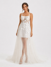 Elegant Spaghetti Strap 3D Floral Applique A-Line Wedding Dress with Sheer Over-Skirt and Chapel Train