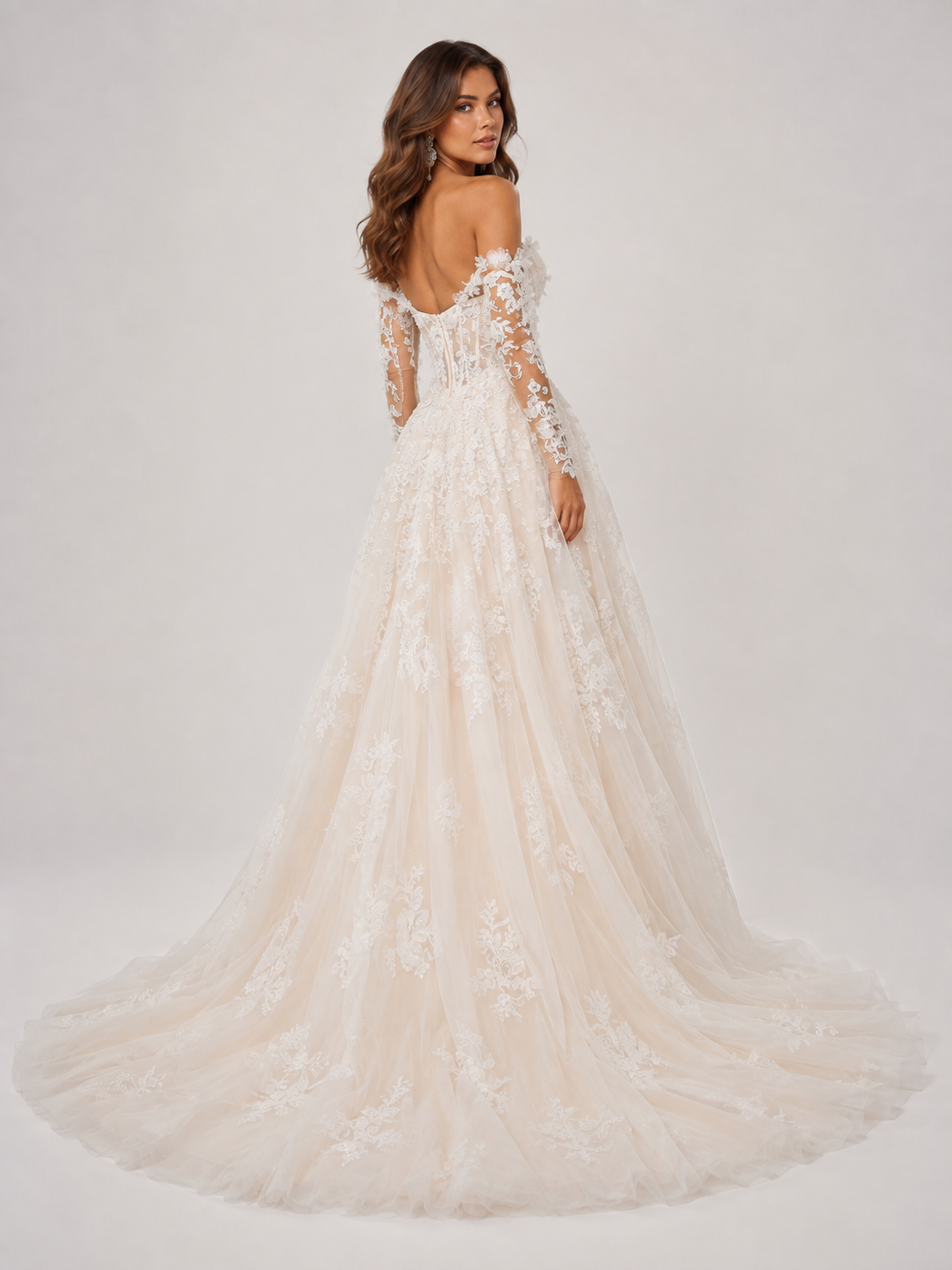 Elegant Off-the-Shoulder Lace Applique Tulle A-Line Wedding Dress with Chapel Train