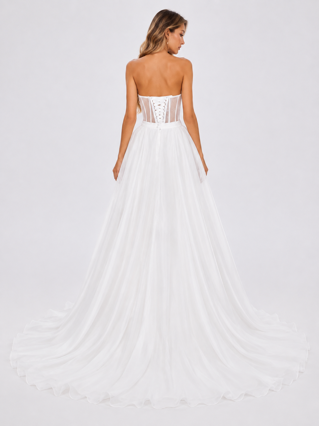 Elegant Strapless Floral Lace Corset A-Line Wedding Dress with High Slit and Chapel Train