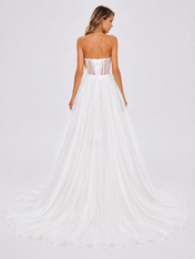 Elegant Strapless Floral Lace Corset A-Line Wedding Dress with High Slit and Chapel Train