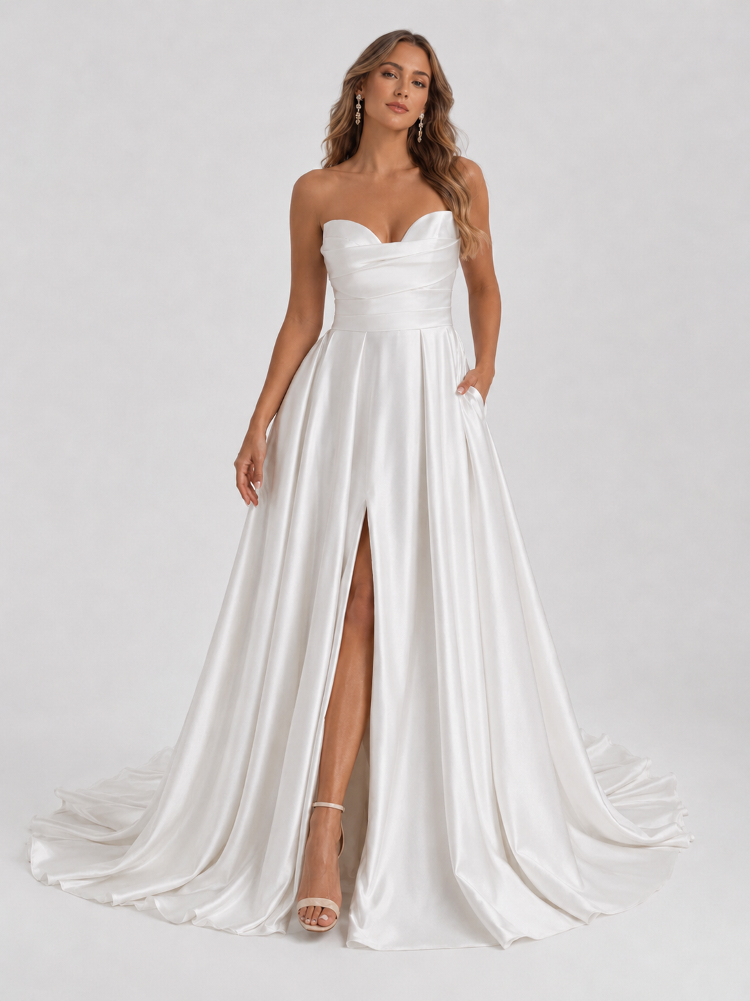 Elegant Strapless Ruched Satin A-Line Wedding Dress with High Slit and Chapel Train