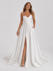 Elegant Strapless Ruched Satin A-Line Wedding Dress with High Slit and Chapel Train