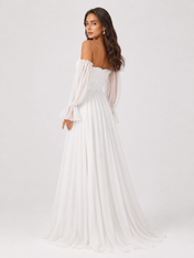 Elegant Off-the-Shoulder Long Sleeve Ruched Chiffon A-Line Wedding Dress with Sweep Train