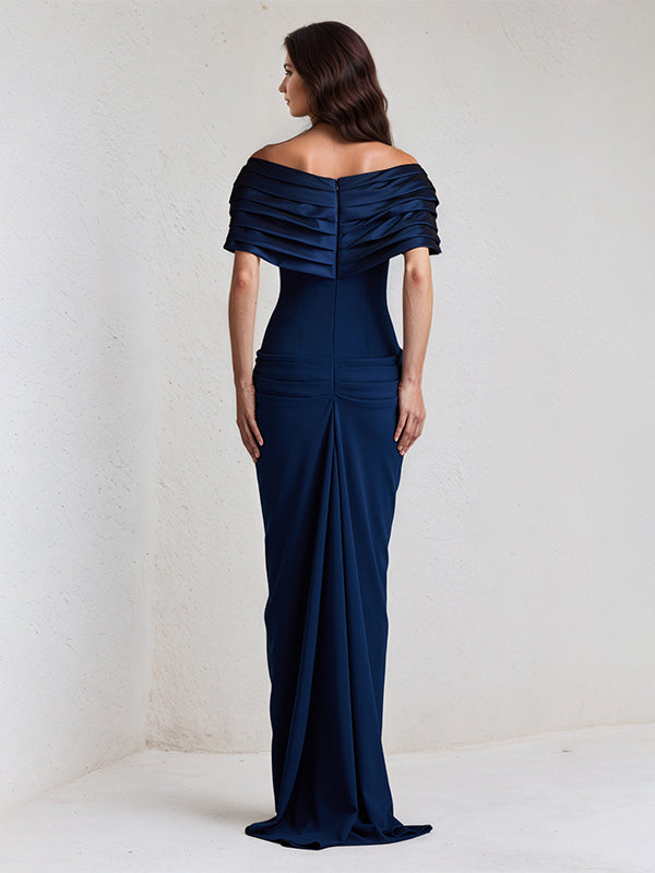 Royal Blue Sheath/Column Off The Shoulder Floor Length Stretch Crepe Dress