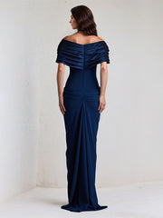 Royal Blue Sheath/Column Off The Shoulder Floor Length Stretch Crepe Dress