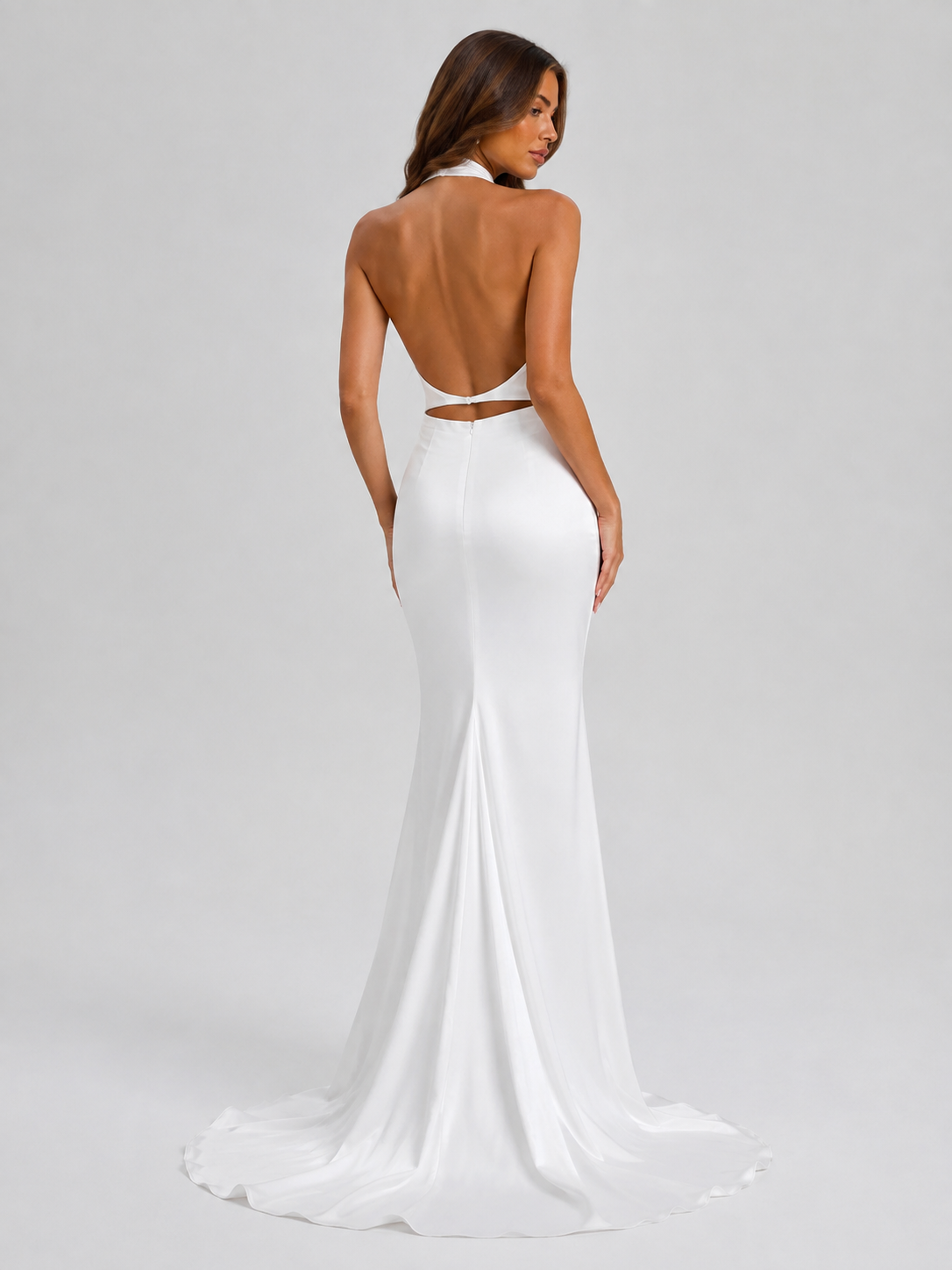 Elegant High-Neck Open-Back Satin Mermaid Wedding Dress with Sweep Train