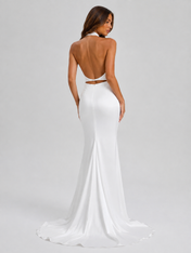 Elegant High-Neck Open-Back Satin Mermaid Wedding Dress with Sweep Train