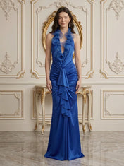 Royal Blue Halter Mermaid Evening Dress with Slit